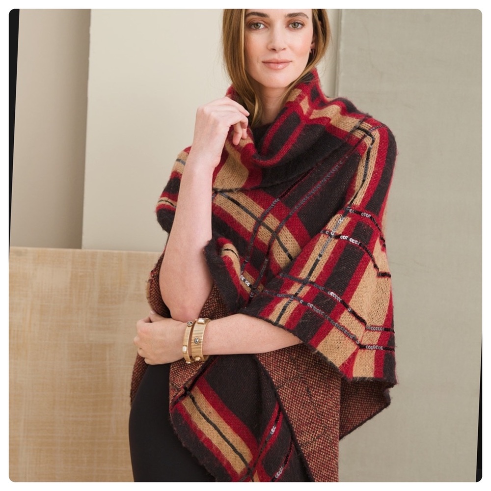 CHICO’S Sequined Plaid Cowlneck Poncho
